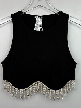 Zara NWT Limitless Contour Collection Black Rhinestone Fringed Crop Top